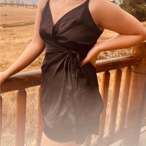Nastygal Black Satin Wrap Dress